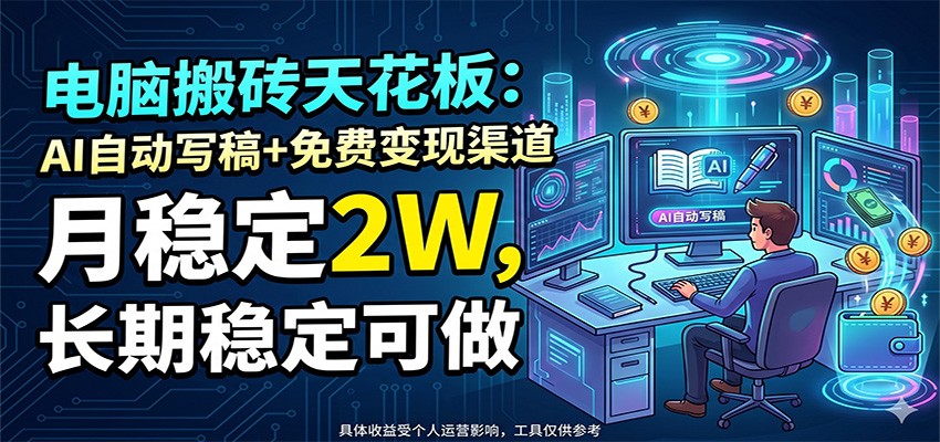 电脑搬砖天花板:AI自动写稿+免费变现渠道,月稳定2W,长期稳定可做