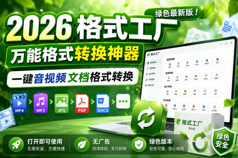 2026格式工厂绿色最新版!万能格式转换神器,一键音视频文档格式转换,打开即可使用,无广告绿色版本