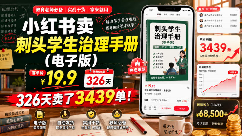 小红书卖刺头学生治理手册,客单价19.9,326天卖了3439单!