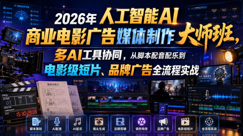 2026年人工智能AI商业电影广告媒体制作大师班,多AI工具协同,从脚本配音配乐到电影级短片、品牌广告全流程实战