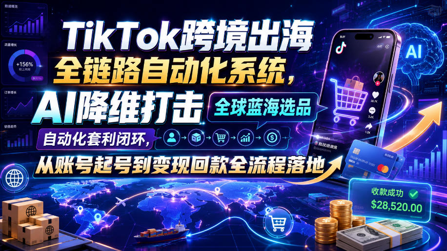 TikTok跨境出海全链路自动化系统,AI降维打击全球蓝海选品自动化套利闭环,从账号起号到变现回款全流程落地