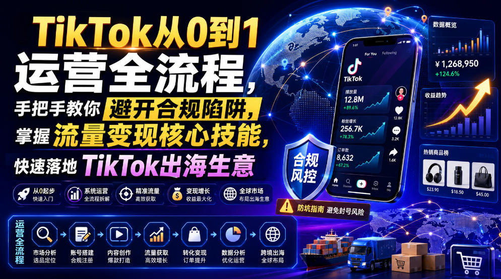 TikTok从0到1运营全流程,手把手教你避开合规陷阱,掌握流量变现核心技能,快速落地TikTok出海生意