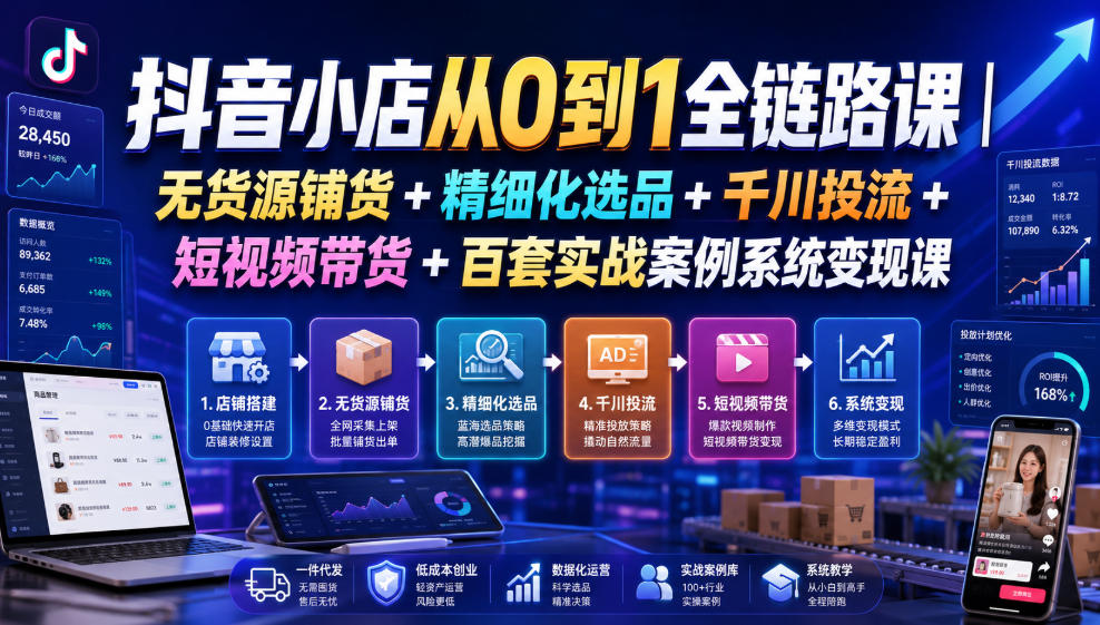 抖音小店从0到1全链路课|无货源铺货+精细化选品+千川投流+短视频带货+百套实战案例系统变现课