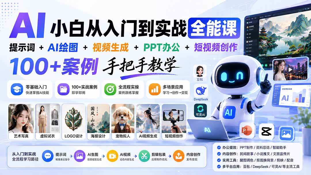 AI小白从入门到实战全能课:提示词+AI绘图+视频生成+PPT办公+短视频创作,100+案例手把手教学