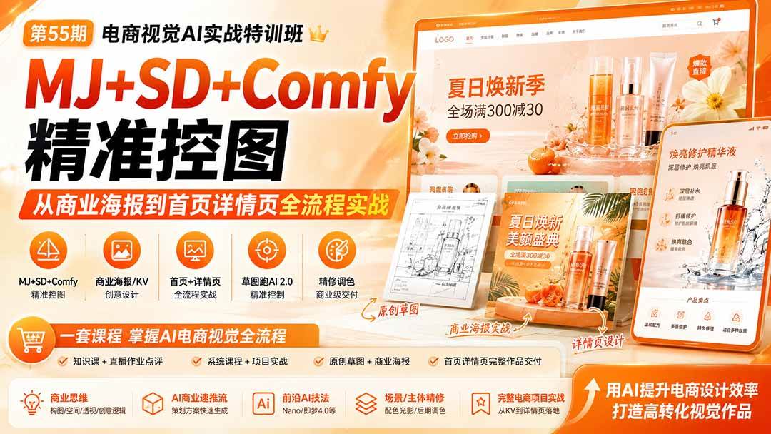 电商视觉 AI实战训练营第55期:MJ+SD+Comfy精准控图,从商业海报到首页详情页全流程实战