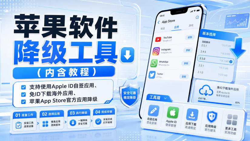 苹果软件降级工具,支持使用Apple ID自签应用、免ID下载海外应用、苹果App Store官方应用降级等