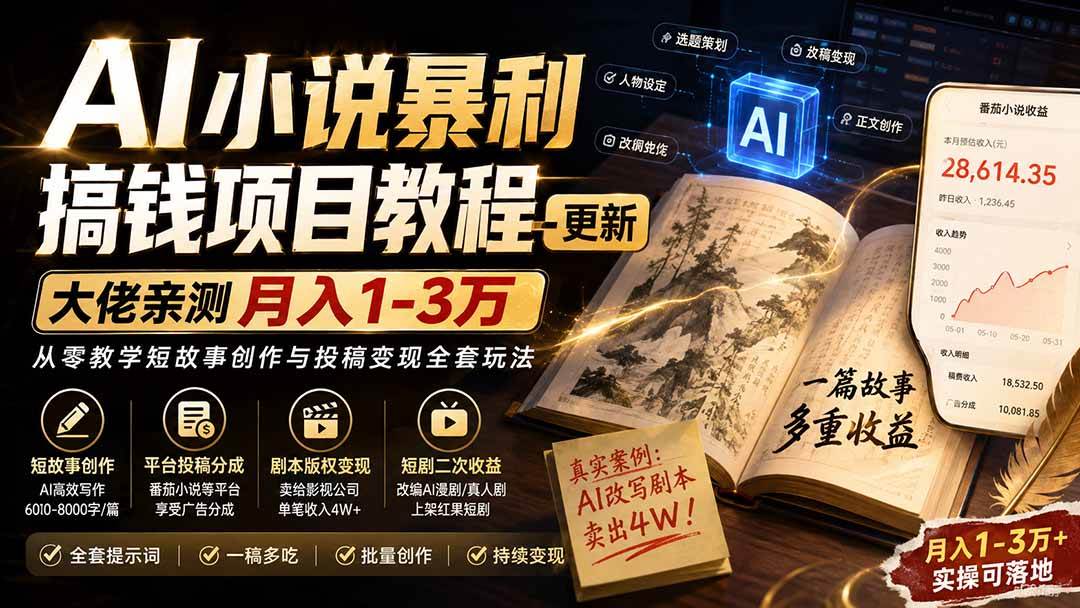 AI小说暴利搞钱项目教程-更新,大佬亲测月入1-3万,从零教学短故事创作与投稿变现全套玩法