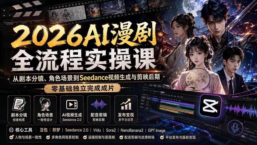2026AI漫剧全流程实操课:从剧本分镜、角色场景到Seedance视频生成与剪映后期,零基础独立完成成片