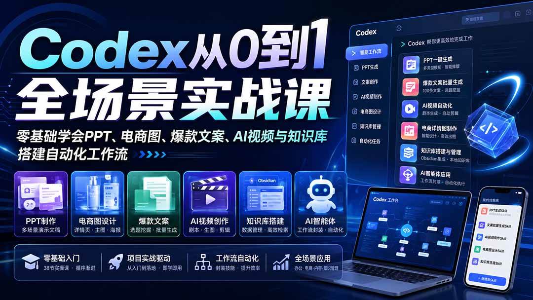 Codex从0到1全场景实战课:零基础学会PPT、电商图、爆款文案、AI视频与知识库,搭建自动化工作流