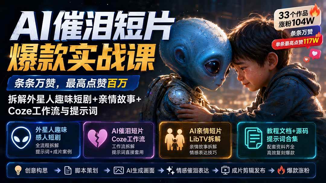 AI催泪短片爆款实战课:条条万赞,最高点赞百万,拆解外星人趣味短剧+亲情故事+Coze工作流与提示词