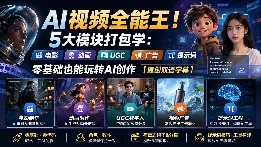AI视频全能王!5大模块打包学:电影、动画、UGC、广告、提示词,零基础也能玩转AI创作【原创双语字幕】