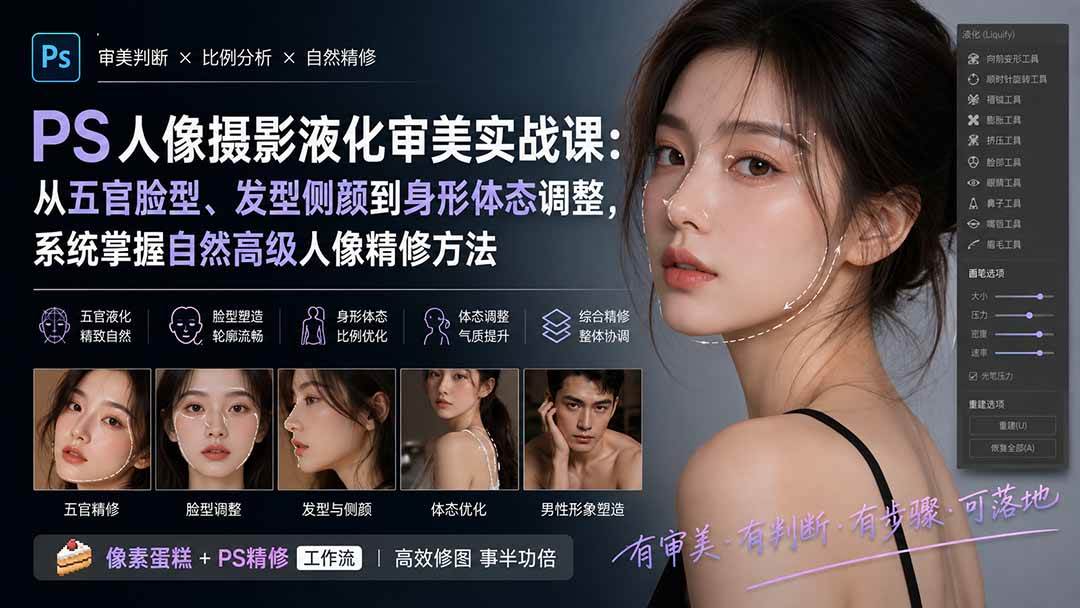 PS人像摄影液化审美实战课:从五官脸型、发型侧颜到身形体态调整,系统掌握自然高级人像精修方法
