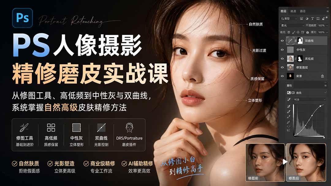 PS人像摄影精修磨皮实战课:从修图工具、高低频到中性灰与双曲线,系统掌握自然高级皮肤精修方法