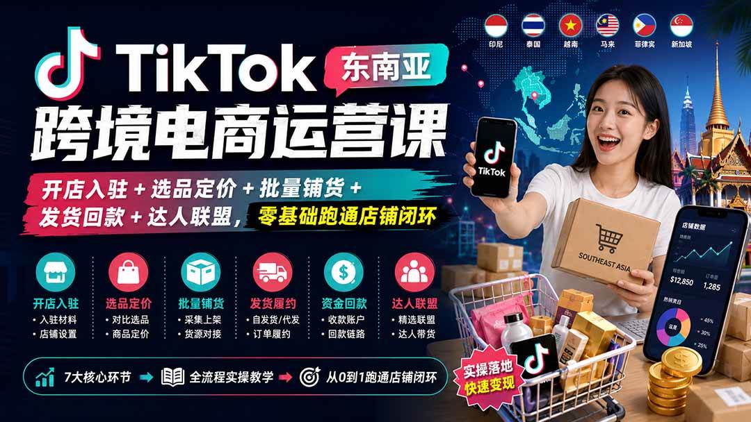 TikTok东南亚跨境电商运营课:开店入驻+选品定价+批量铺货+发货回款+达人联盟,零基础跑通店铺闭环