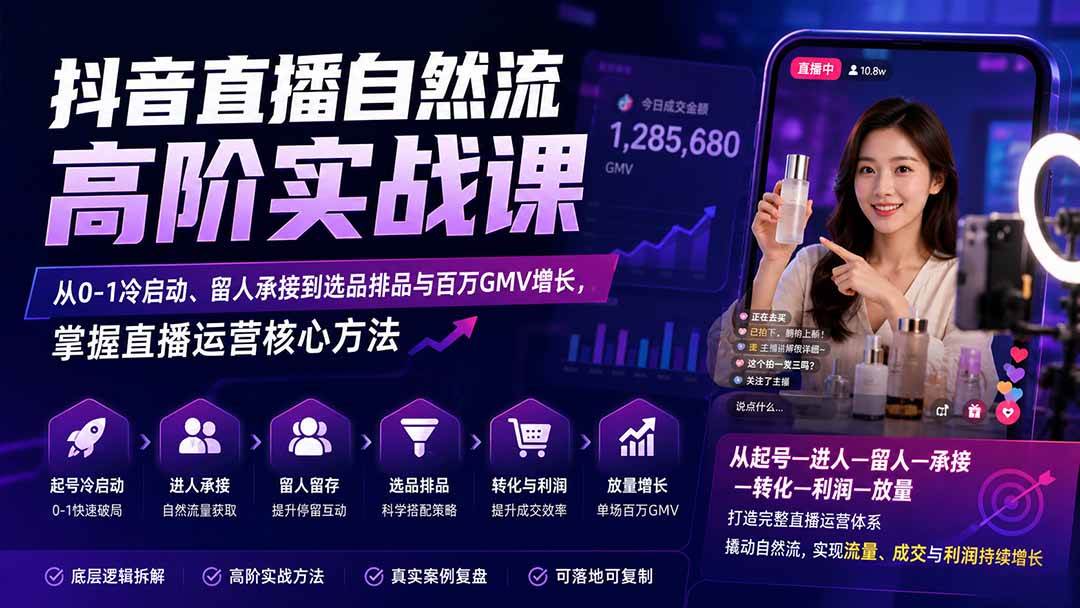 抖音直播自然流高阶实战课:从0-1冷启动、留人承接到选品排品与百万GMV增长,掌握直播运营核心方法