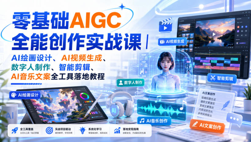 零基础AIGC全能创作实战课|AI绘画设计、AI视频生成、数字人制作、智能剪辑、AI音乐文案全工具落地教程