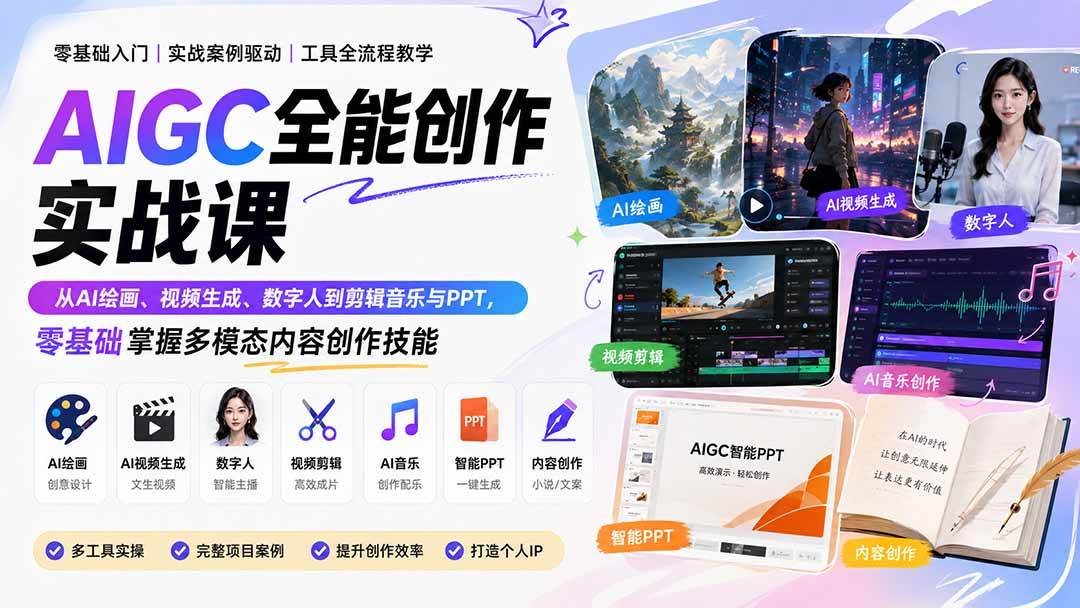 AIGC全能创作实战课:从AI绘画、视频生成、数字人到剪辑音乐与PPT,零基础掌握多模态内容创作技能
