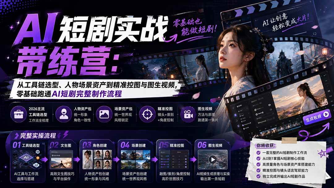 AI短剧实战训练营:从工具链选型、人物场景资产到精准控图与图生视频,零基础跑通AI短剧完整制作流程