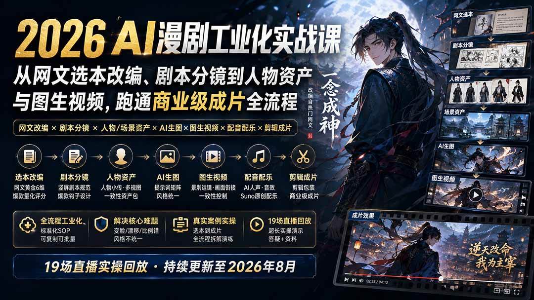 2026 AI漫剧工业化实战课-更新:从网文选本改编、剧本分镜到人物资产与图生视频,跑通商业级成片全流程