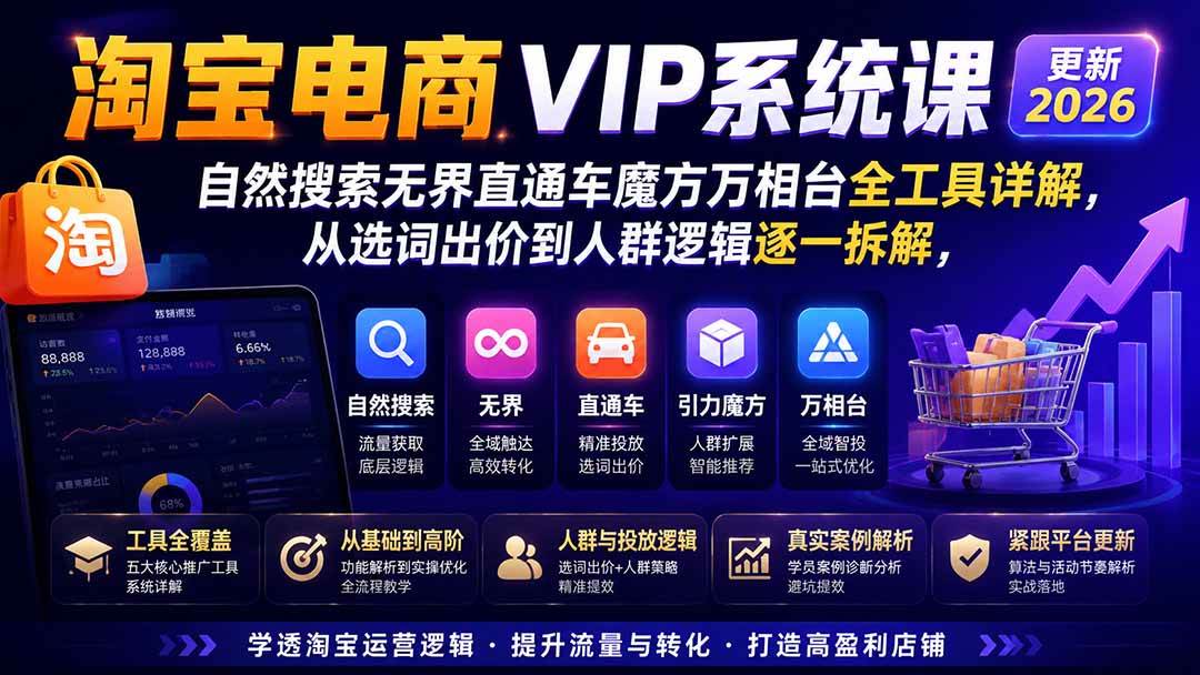 2026淘宝电商终局之战VIP课-更新:自然搜索+直通车+无界+精准人群,系统掌握测款动销与全店推广布局方法