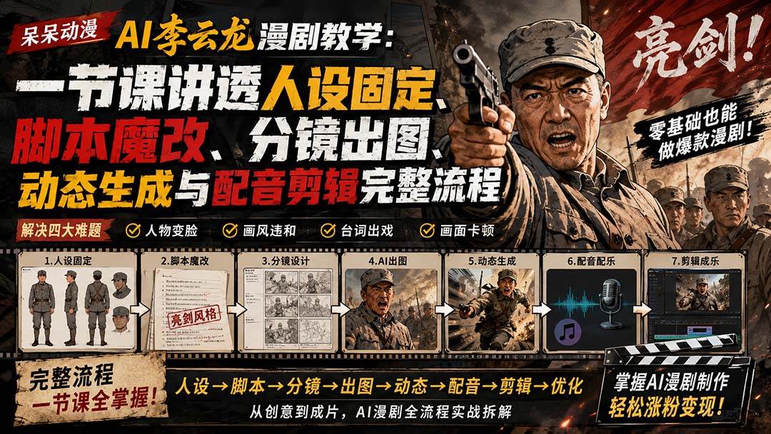 呆呆动漫AI李云龙漫剧教学:一节课讲透人设固定、脚本魔改、分镜出图、动态生成与配音剪辑完整流程