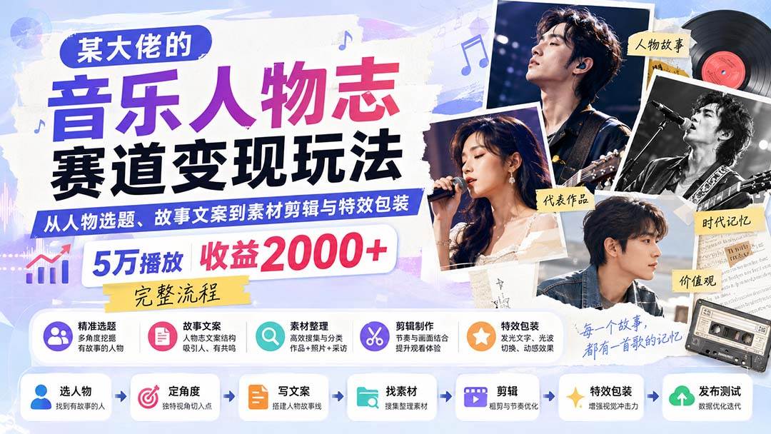 某大佬的音乐人物志赛道变现玩法:从人物选题、故事文案到素材剪辑与特效包装,5万播放收益2000+完整流程