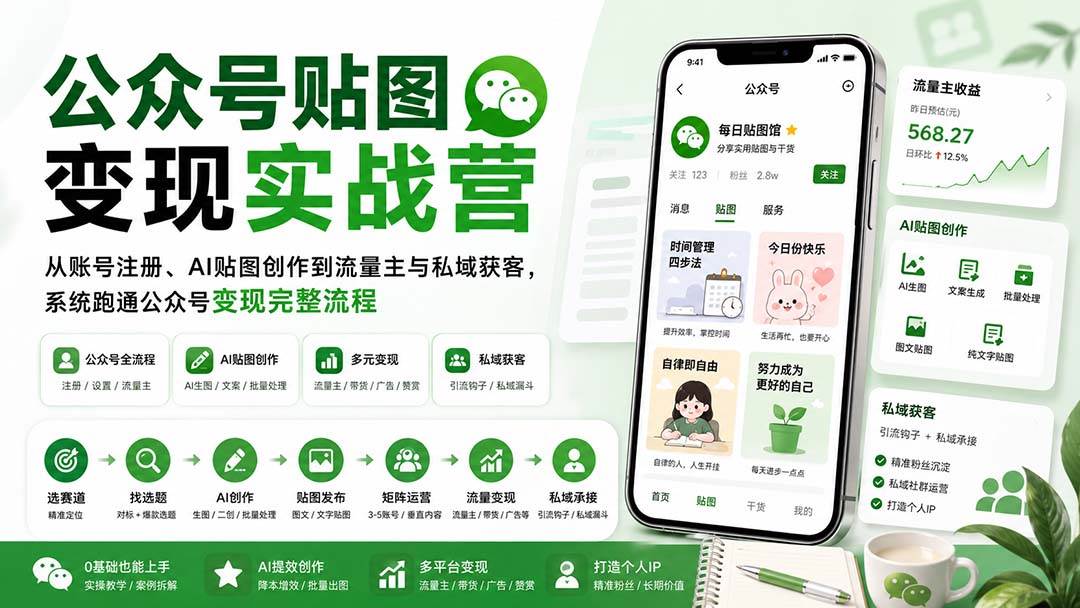 公众号贴图变现实战营:从账号注册、AI贴图创作到流量主与私域获客,系统跑通公众号变现完整流程