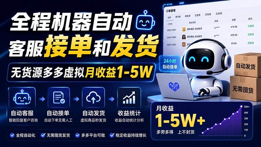 全程机器自动客服接单和发货,无货源多多虚拟月收益1-5W