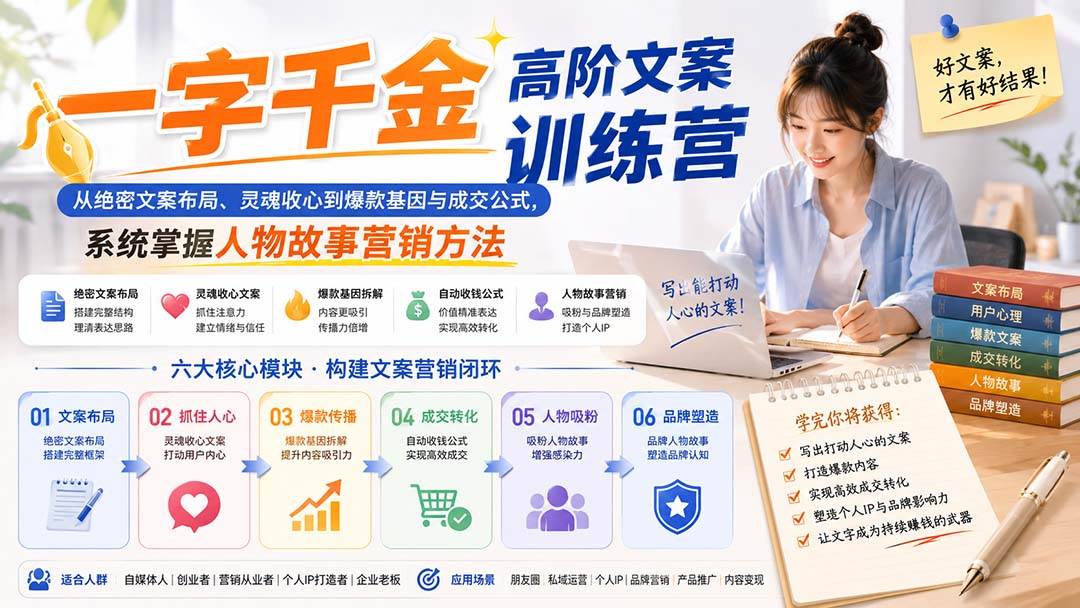 一字千金高阶文案训练营:从绝密文案布局、灵魂收心到爆款基因与成交公式,系统掌握人物故事营销方法