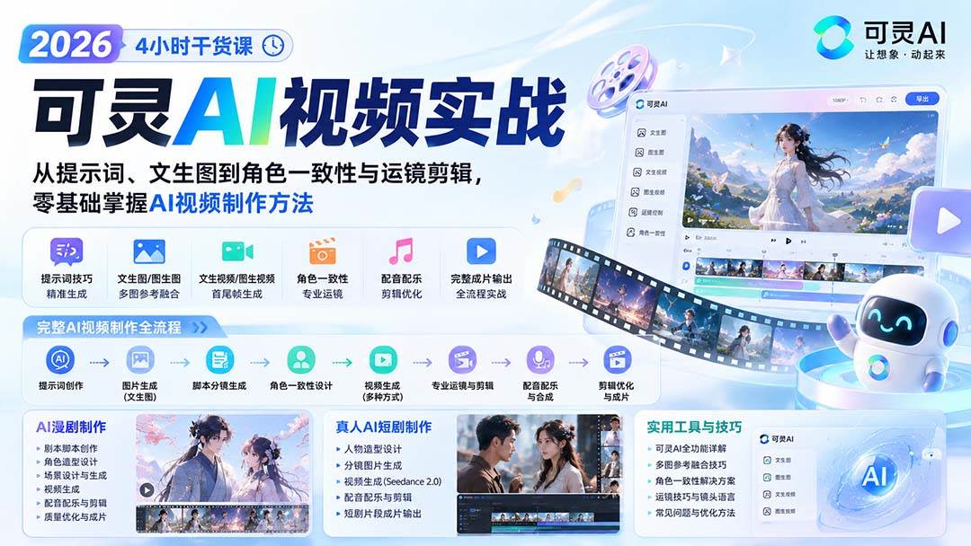 2026可灵AI视频实战-4小时干货课:从提示词、文生图到角色一致性与运镜剪辑,零基础掌握AI视频制作方法