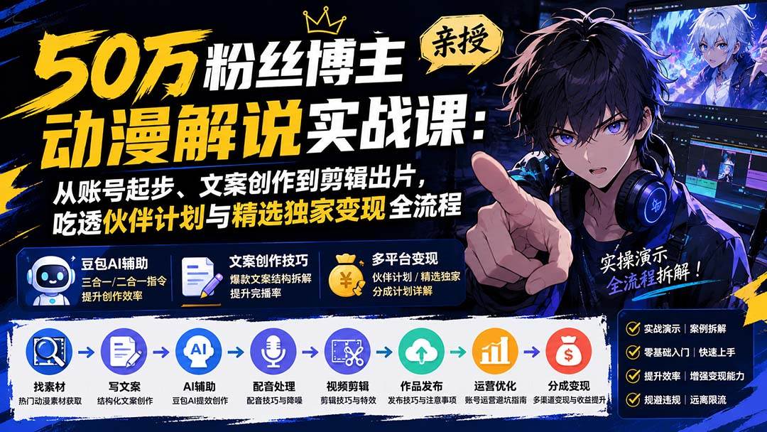 50万粉丝博主亲授动漫解说实战课:从账号起步、文案创作到剪辑出片,吃透伙伴计划与精选独家变现全流程