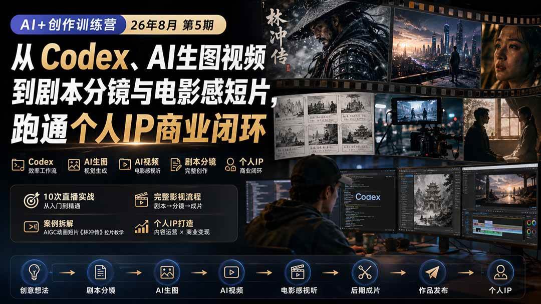 AI+创作训练营26年8月第5期:从Codex、AI生图视频到剧本分镜与电影感短片,跑通个人IP商业闭环
