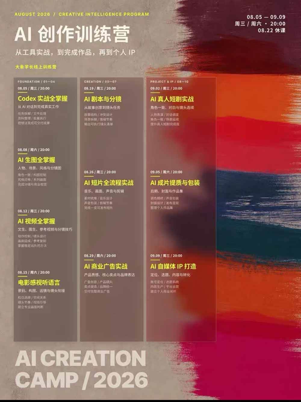 AI+创作训练营26年8月第5期:从Codex、AI生图视频到剧本分镜与电影感短片,跑通个人IP商业闭环