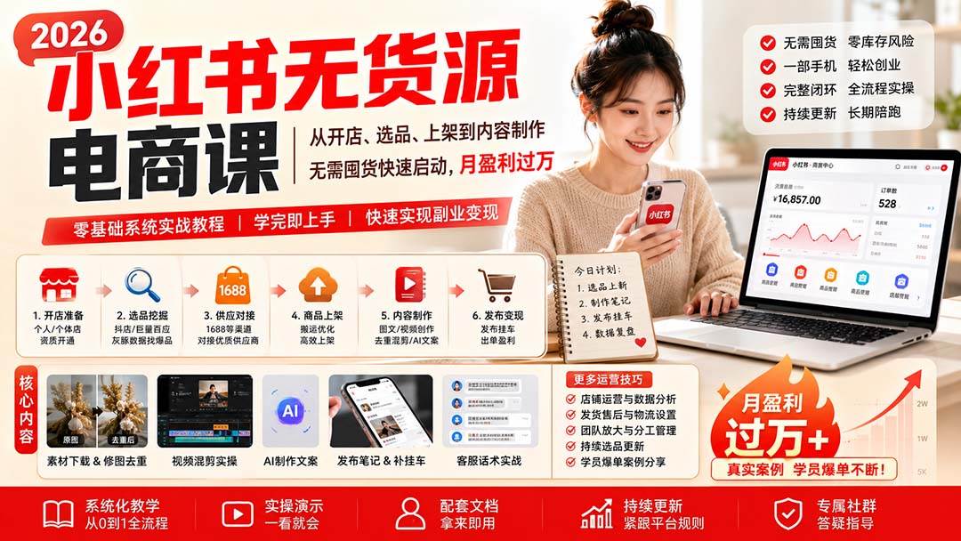 小红书无货源电商课(8月30更新):从开店、选品、上架到内容制作,无需囤货快速启动,月盈利过万