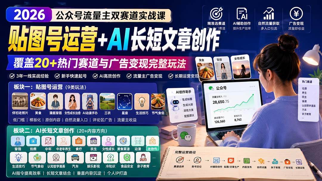 公众号流量主双赛道实战课:贴图号运营+AI长短文章创作,覆盖20+热门赛道与广告变现完整玩法