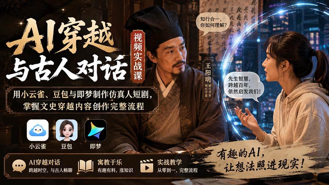 AI穿越与古人对话视频实战课:用小云雀、豆包与即梦制作仿真人短剧,掌握文史穿越内容创作完整流程