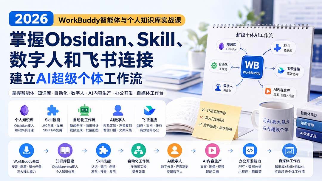2026 WorkBuddy智能体与个人知识库实战课:掌握Obsidian、Skill、数字人和飞书连接,建立AI超级个体工作流
