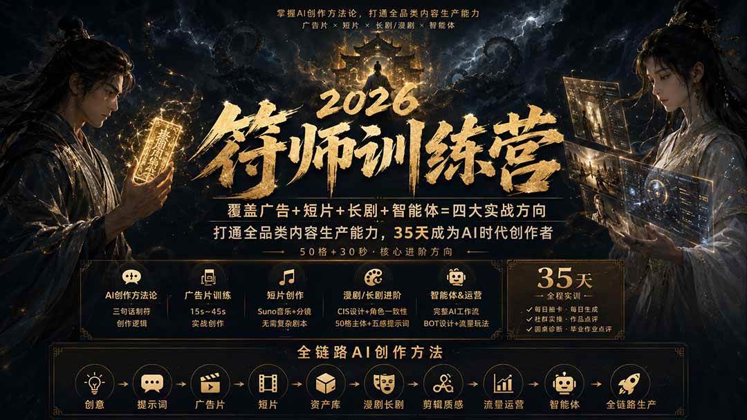 符师训练营-35天成为AI时代创作者,广告+短片+漫剧+智能体四大实战方向,掌握从创意到上线的完整工作流
