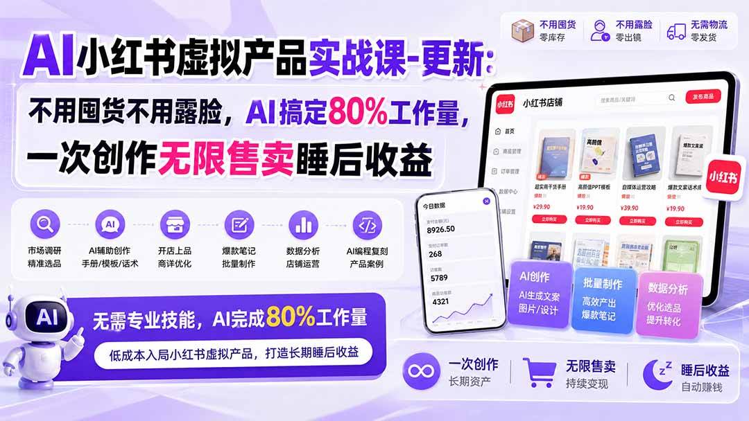 AI小红书虚拟产品实战课-更新:不用囤货不用露脸,AI搞定80%工作量,一次创作无限售卖睡后收益
