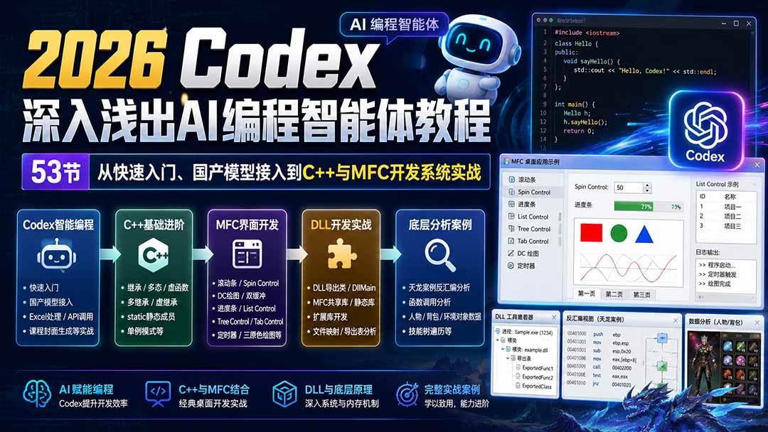 2026 Codex深入浅出AI编程智能体教程:53节从快速入门、国产模型接入到C++与MFC开发系统实战