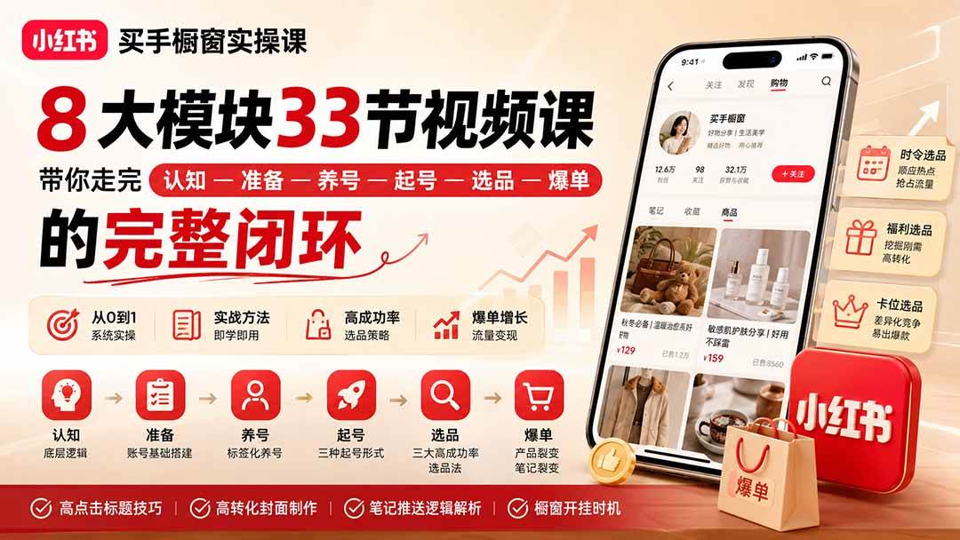 小红书买手橱窗实操课:8大模块33节视频课,带你走完”认知—准备—养号—起号—选品—爆单”的完整闭环