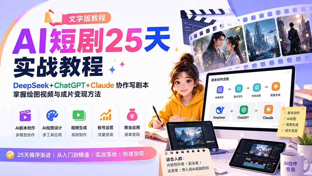 AI短剧25天实战教程:DeepSeek+ChatGPT+Claude协作写剧本,掌握绘图视频与成片变现方法
