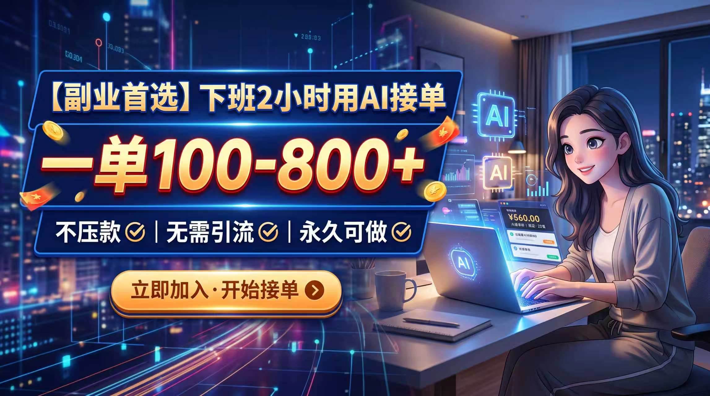 下班2小时用AI接单,一单100-800+,不压款,无需引流,永久可做