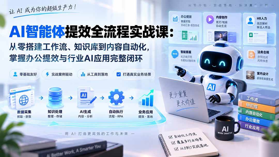 AI智能体提效全流程实战课:从零搭建工作流、知识库到内容自动化,掌握办公提效与行业AI应用完整闭环