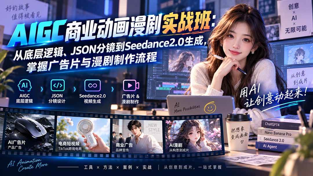 AIGC商业动画漫剧实战班-更新:从底层逻辑、JSON分镜到Seedance2.0生成,掌握广告片与漫剧制作流程