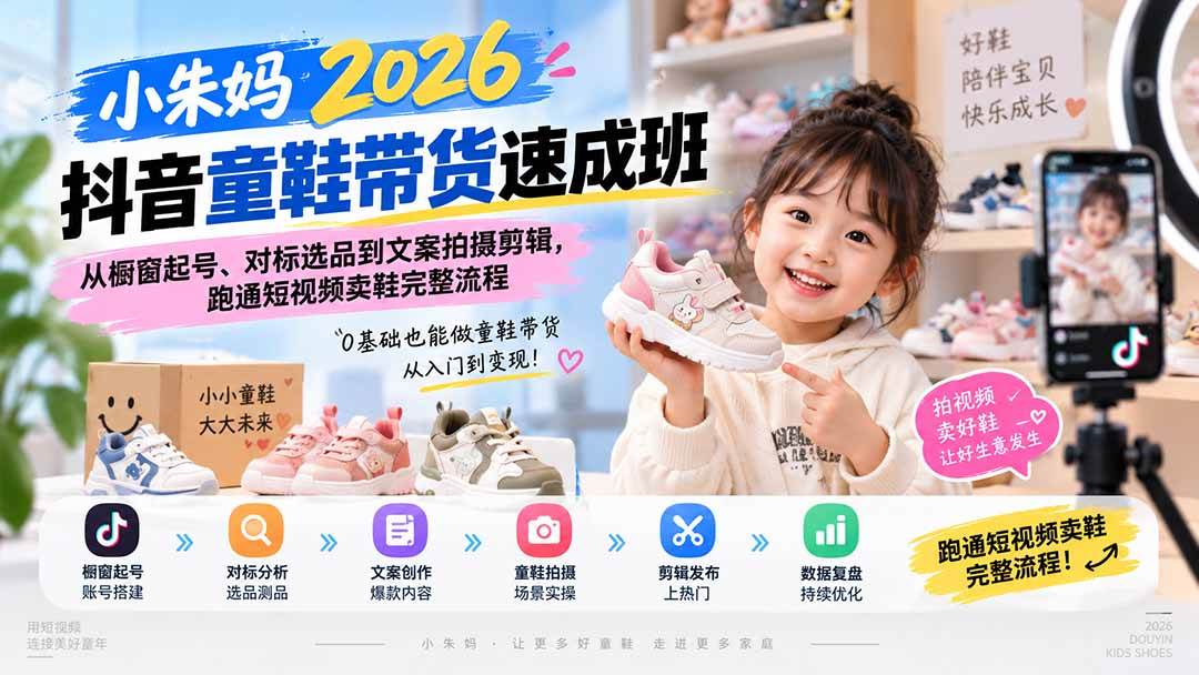 小朱妈2026抖音童鞋带货速成班:从橱窗起号、对标选品到文案拍摄剪辑,跑通短视频卖鞋完整流程