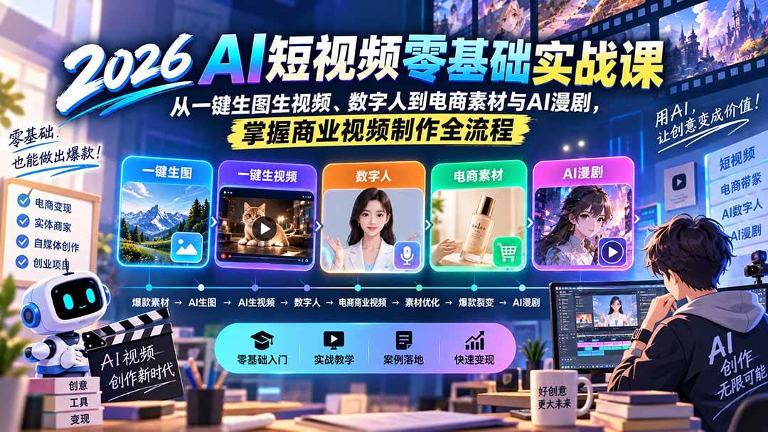 2026AI短视频零基础实战课:从一键生图生视频、数字人到电商素材与AI漫剧,掌握商业视频制作全流程