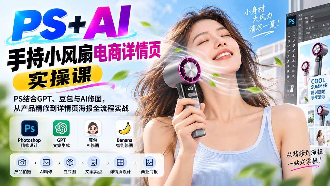 PS+AI手持小风扇电商详情页实操课:PS结合GPT、豆包与AI修图,从产品精修到详情页海报全流程实战