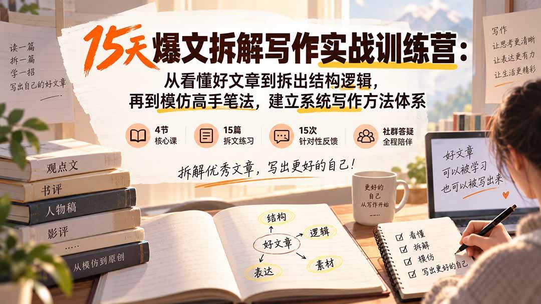 15天爆文拆解写作实战训练营:从看懂好文章到拆出结构逻辑,再到模仿高手笔法,建立系统写作方法体系