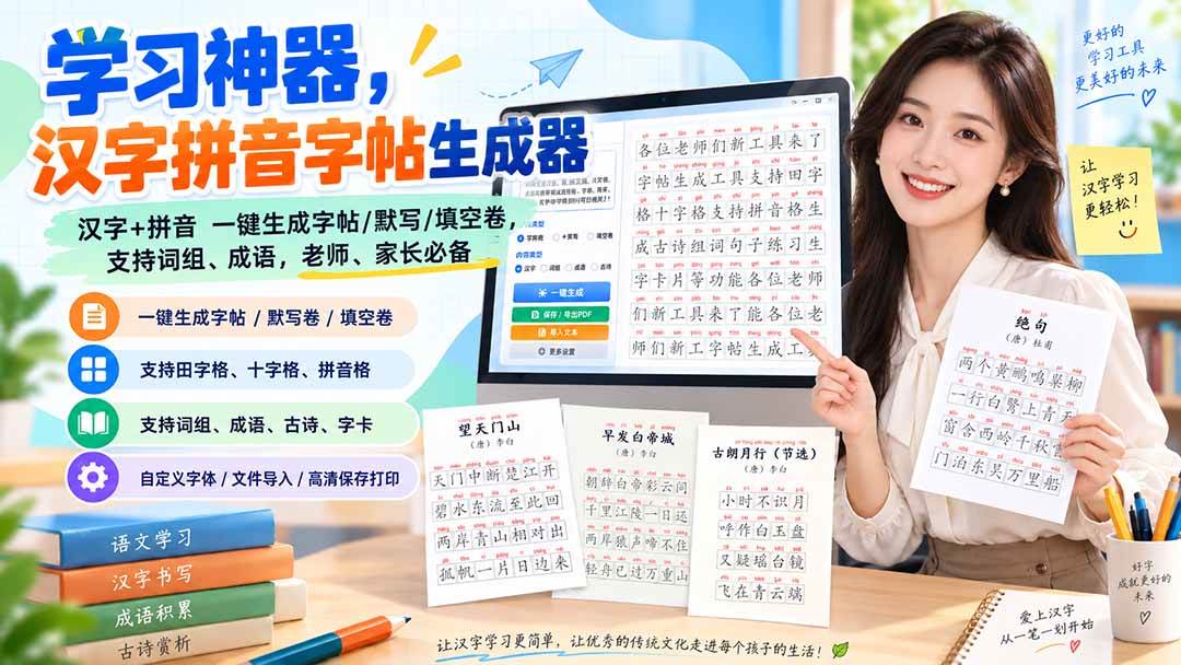 学习神器,汉字拼音字帖生成器,汉字+拼音 一键生成字帖/默写/填空卷,支持词组、成语,老师、家长必备